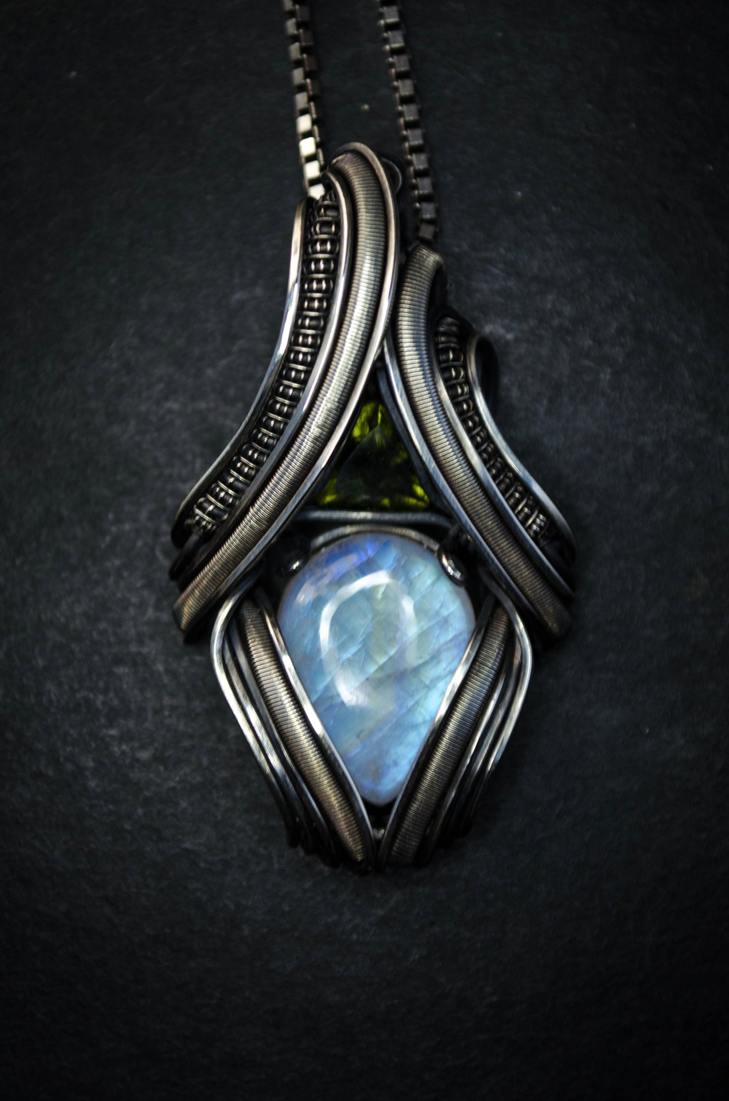 Sterling Silver Rainbow Moonstone and Moldavite Necklace