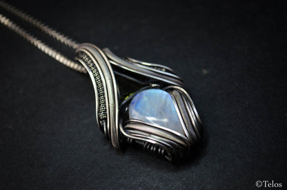 Sterling Silver Rainbow Moonstone and Moldavite Necklace