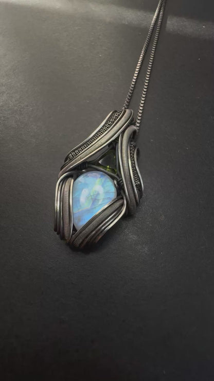 Sterling Silver Rainbow Moonstone and Moldavite Necklace